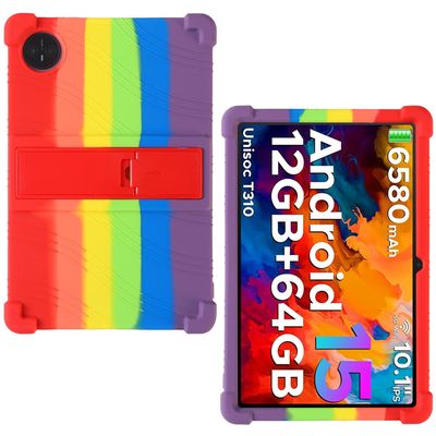 AKNICI Case for DOOGEE Tab A9 / DOOGEE Tab A9 Pro Tablet 10 Inch, Soft Silicone Heavy Protective Cover with Adjustable Kickstand, Rainbow