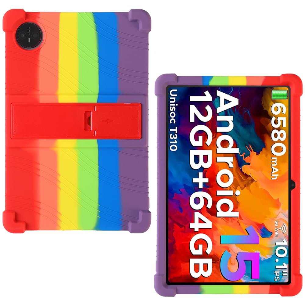 AKNICI Case for DOOGEE Tab A9 / DOOGEE Tab A9 Pro Tablet 10 Inch, Soft Silicone Heavy Protective Cover with Adjustable Kickstand, Rainbow