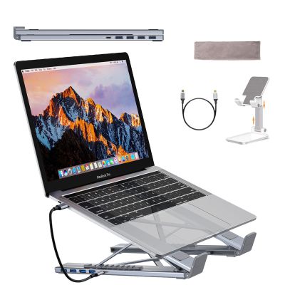 8-in-1 USB-C Laptop Stand, Adjustable Height Ergonomic Elevation Portable Laptop Stand with Docking Station Have 8 Essential Ports, 4k Hdmi, Usb-C/A SD/TF Port for Macbookpro/Air/Dell/Hp/Lenovo (8in1)