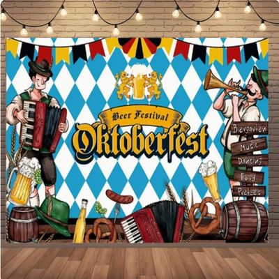 10x8 feet German Oktoberfest Decoration Party Banner with Bavarian Band Muffins and Beer Glasses Blue and Yellow Oktoberfest Banner
