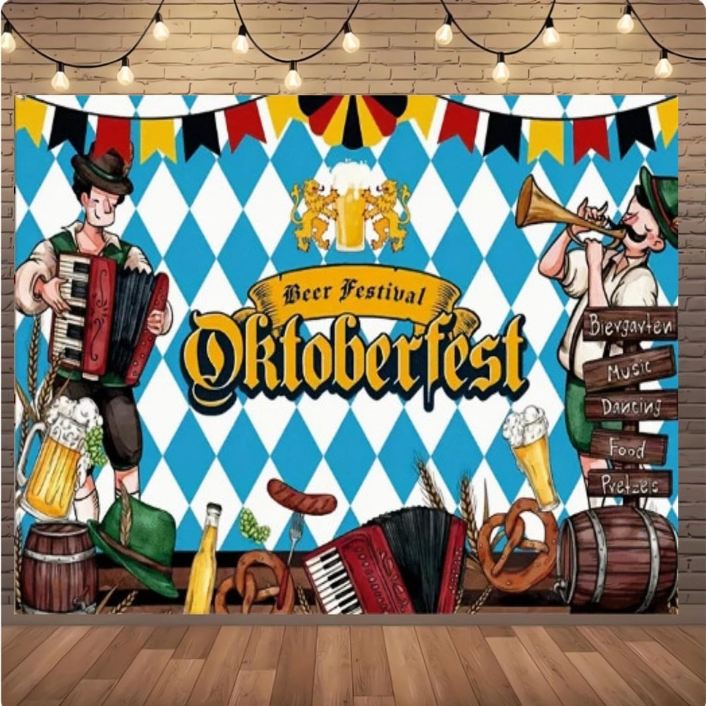 10x8 feet German Oktoberfest Decoration Party Banner with Bavarian Band Muffins and Beer Glasses Blue and Yellow Oktoberfest Banner
