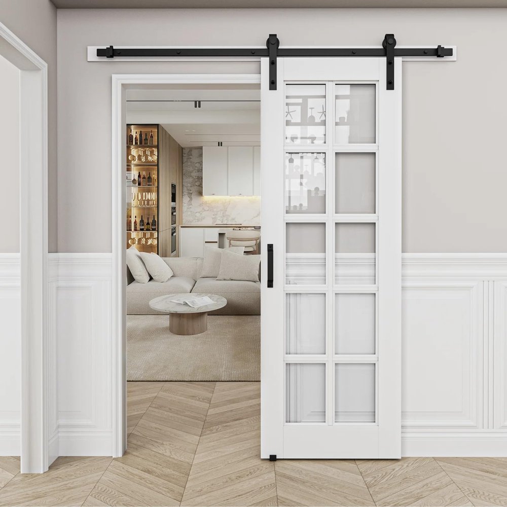 10 Lite Glass Solid + Manufactured Wood with Installation Hardware Kit Barn Door(No Assembly Required)32"x80"