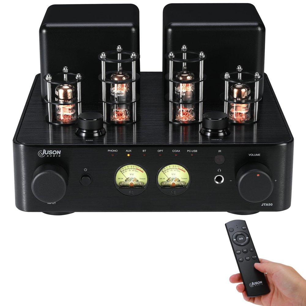 Juson Audio JTA50 2025 130W Tube Amplifier Entry-Level HiFi Amp with BT 5.0, Remote,AUX,Coax, Phono and USB in,Subwoofer Out,2.1CH for Turntable