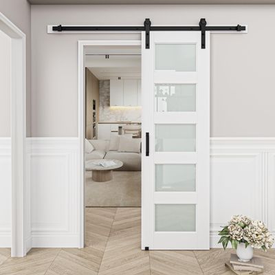 5-Lite Frosted Glass White Primed Sliding Barn Door with Installation Hardware Kit(No Assembly Required)32"x80"
