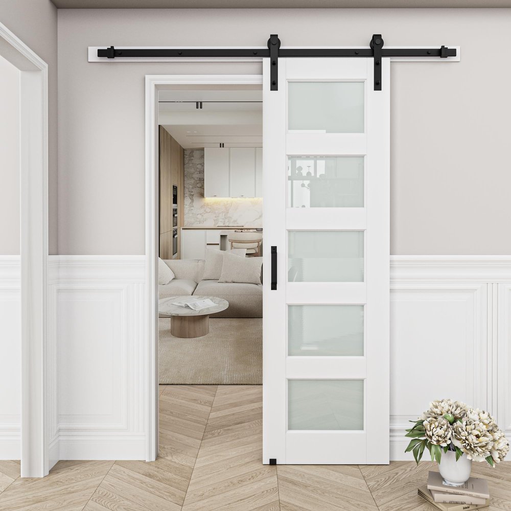 5-Lite Frosted Glass White Primed Sliding Barn Door with Installation Hardware Kit(No Assembly Required)32"x80"