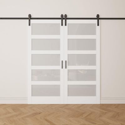 84" H x 84" W 5 Lites White Wood Glass Sliding Barn Doors with Installation Hardware Kit Primed Surface (2 Doors)