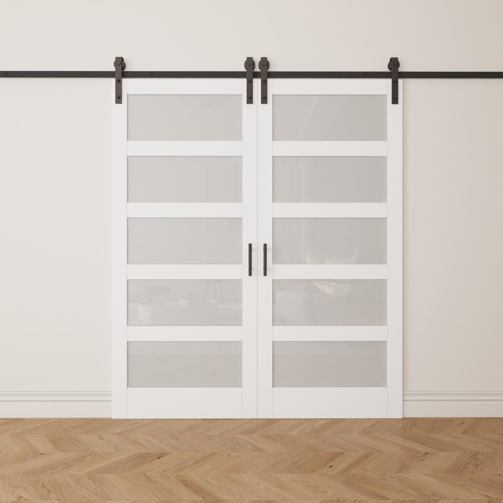 84" H x 84" W 5 Lites White Wood Glass Sliding Barn Doors with Installation Hardware Kit Primed Surface (2 Doors)