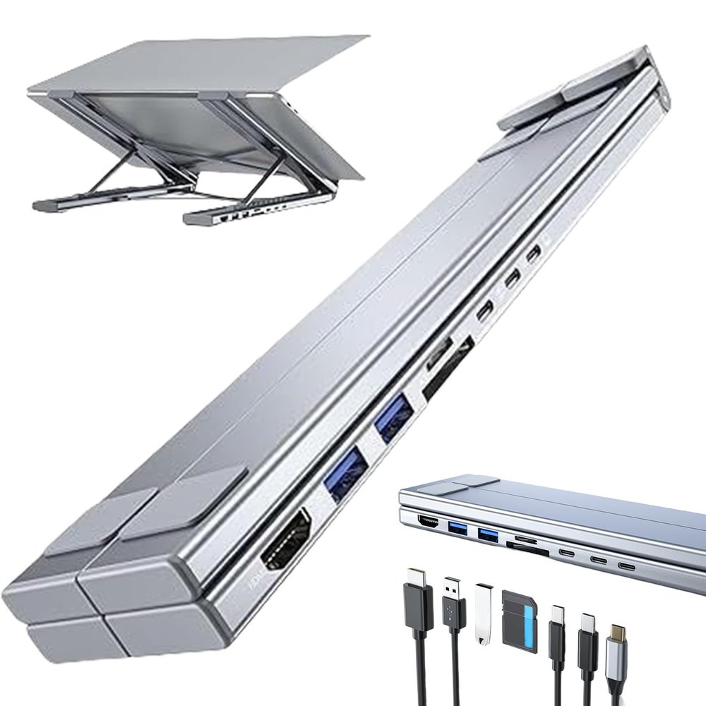 2025 Upgraded 8-in-1 USB-C Laptop Stand, with 4k HDMI, 2 USB 3.0, Pd 100w, Foldable Universal Station for All Laptop Brands, Plug and Play, Raise The Computer Base for Better Heat Dissipation
