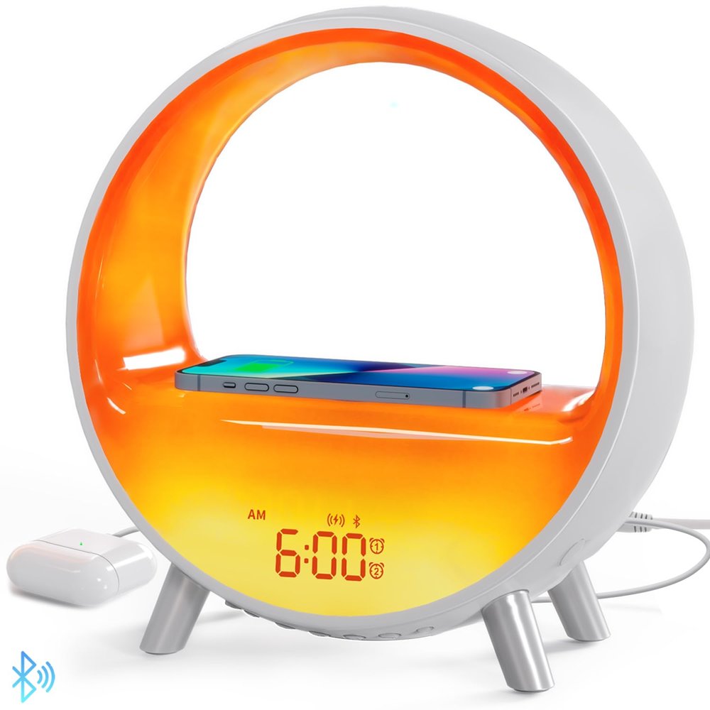 MOMILLA Sunrise Alarm Clocks with Bluetooth Speaker, White Noise Sound Machine with with Wireless Charging Station, 11 Lights Effects Night Light, Wake up Light Sunset Lamp Bedrooms for Adults Kids