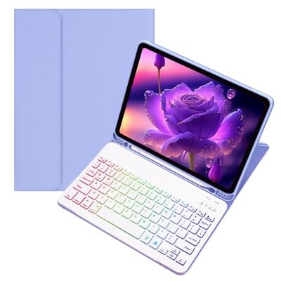 kaidisen Colorful Backlit Keyboard Case for Galaxy Tab A9 8.7" Case with Magnetic Detachable Bluetooth RGB Backlight Keyboard Cute Candy Color Business Student,Purple+White