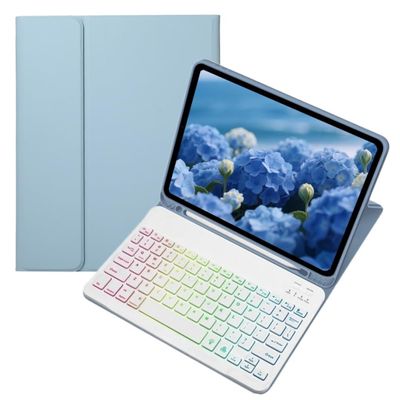 kaidisen Colorful Backlit Keyboard Case for Galaxy Tab A9 8.7" Case with Magnetic Detachable Bluetooth RGB Backlight Keyboard Cute Candy Color Business Student,Mist Blue+White