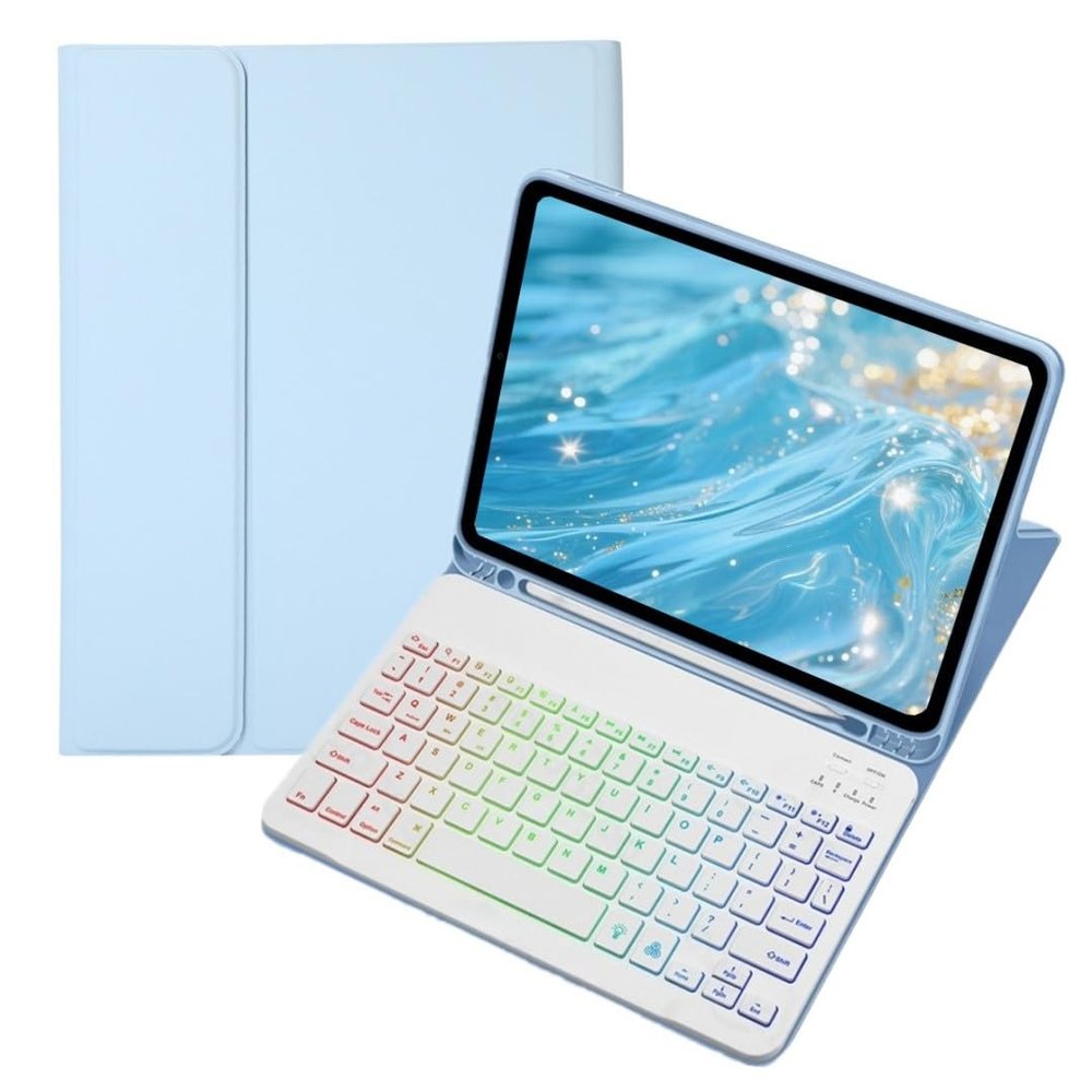 Colorful Backlit keyboard Case for Galaxy Tab S10 FE / S9 FE 10.9 inch/Tab S9/S8/S7 11" Case with Detachable Bluetooth RGB Backlight Keyboard Cute Candy Color Business Student ,Light Blue+White
