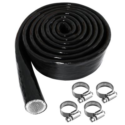 1/2" ID Heat Shielded Fire Thermo Armor Fire Sleeve Silicone Coated Fiberglass Heat Protection with 4 Clamps for Automotive Hoses, Wiring Harness, Exhaust, Spark Plug (Black 1/2" ID x5FT)