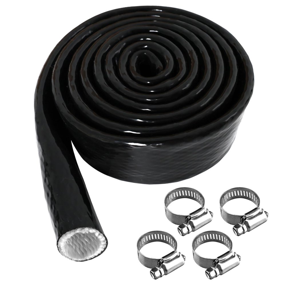 1/2" ID Heat Shielded Fire Thermo Armor Fire Sleeve Silicone Coated Fiberglass Heat Protection with 4 Clamps for Automotive Hoses, Wiring Harness, Exhaust, Spark Plug (Black 1/2" ID x5FT)