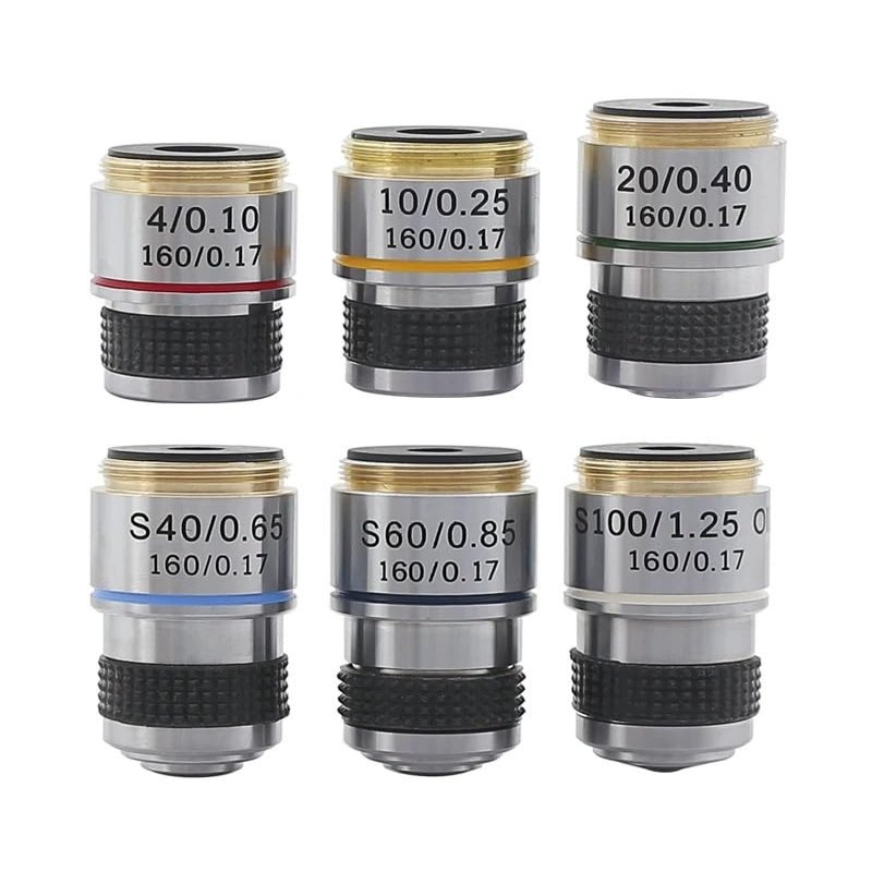 1pc Achromatic Pure Copper Objective Lens 4X 10X 20X 40X 60X 100X RMS 20.2mm for Biological Microscope Conjugate Distance 185 Mm(100X)