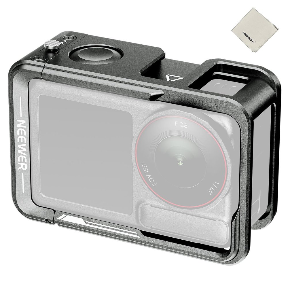 NEEWER AC014 Action 5 Pro Cage Video Rig with Cold Shoe, 1/4" Thread, Shutter Button, Cleaning Cloth Compatible with DJI Osmo Action 5 Pro / 4/3 DJI Mic Magnetic Adapter Mount, Dark Gray