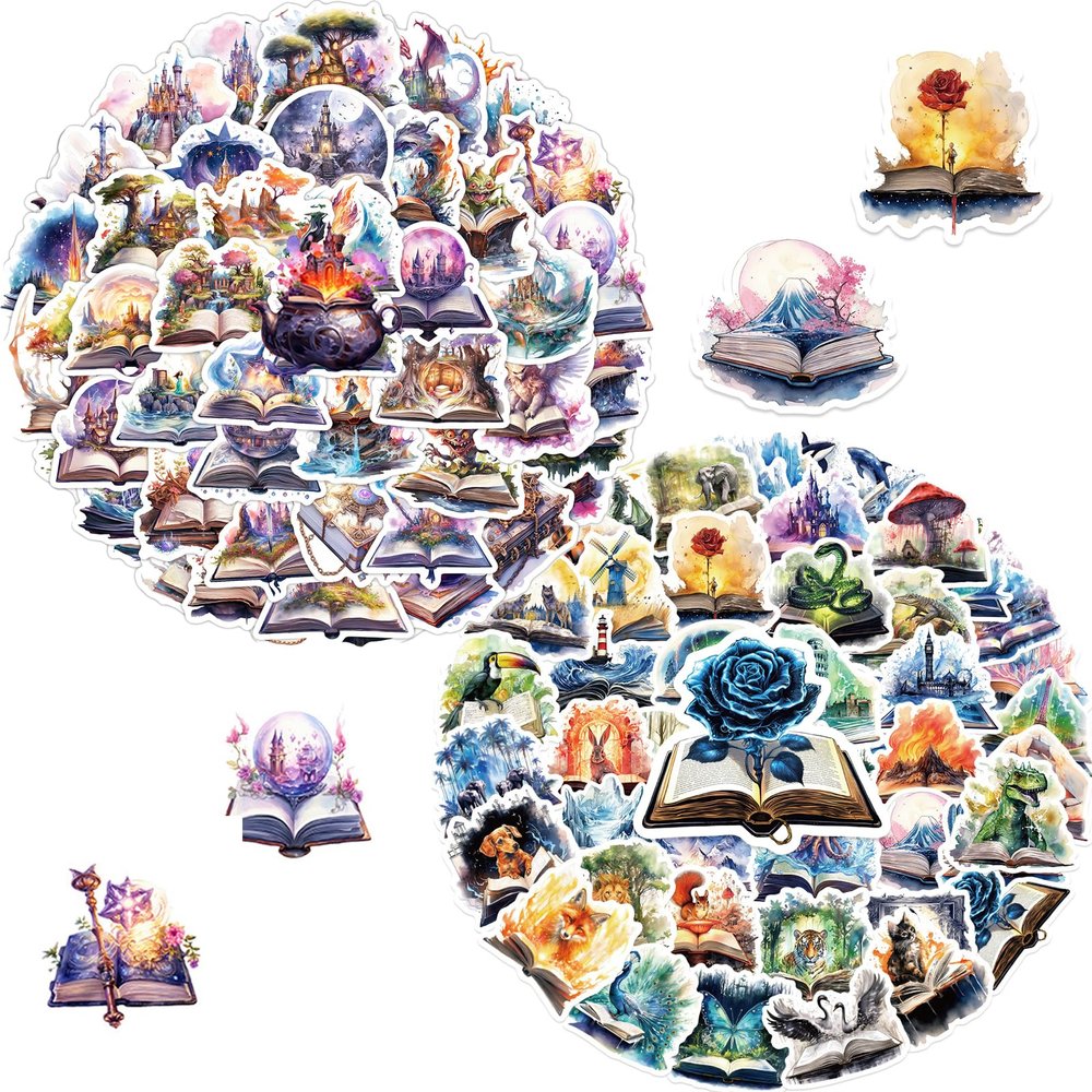 100PCS Fantasy Book Vinyl Stickers  Waterproof Decals Featuring Dragons, Castles & Beasts Emerging from Magical Open Books  Great for Journals, Bottles, Scrapbooks & Gifts  for Teens & Adults