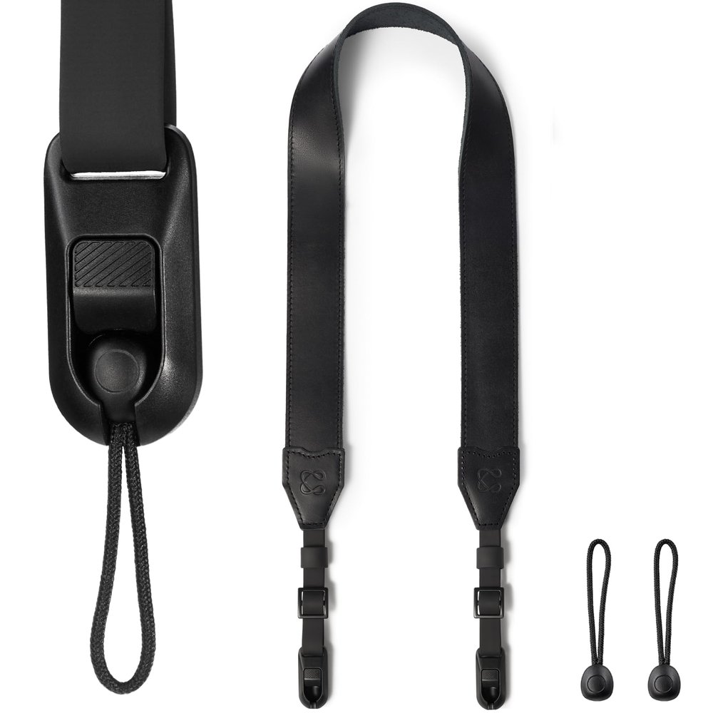C Coiro Classic Leather Camera Strap with Quick Release, Configurable as Sling, Neck Adjustable DSLR SLR Camera Shoulder Strap for Photographers, Classic/Black
