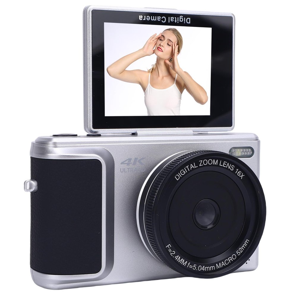 ciciglow Digital Camera for Photography, 4K 64MP 16X Zoom Compact Vlog Travel Camara with AF Auto Focus 2.8" Display, Supports 52mm Telephoto and Macro Lens (Silver)