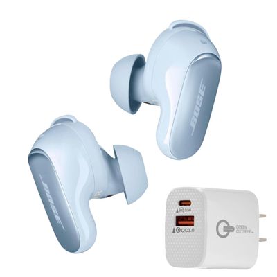 Bose QuietComfort Ultra Bluetooth Earbuds, Wireless Earbuds, Deep Bass, Up to 6 Hours of Playtime and World-Class Active Noise Cancellation Bundle with USB-C/A 20W Wall Charger (Moonstone Blue)