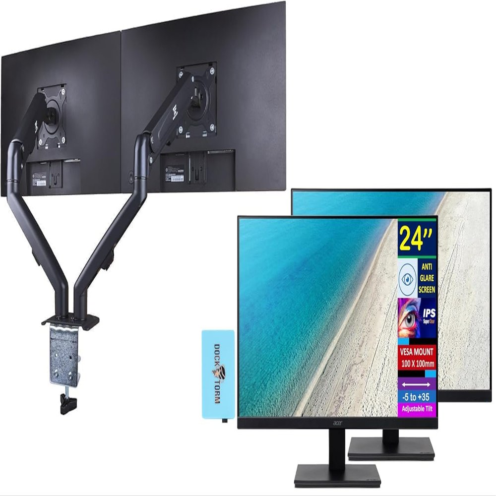 acer 24" Vero V247Y Gbmix FHD IPS Monitor with 4 ms Response Time, Anti-Glare, Integrated Speakers, VESA Mount (100mm) & DKZ Hub, Black (UM.QV7AA.G03) 2 Pack & ErgoFlexy Dual Monitor Mount