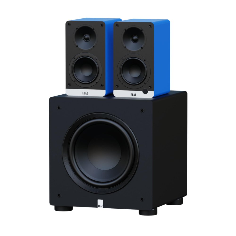 ELAC DCB41-BL - Debut ConneX 4.5" Powered Speakers - Blue PS250-BK - Varro Premium 10" 250 Watt Powered Subwoofer with Auto-EQ
