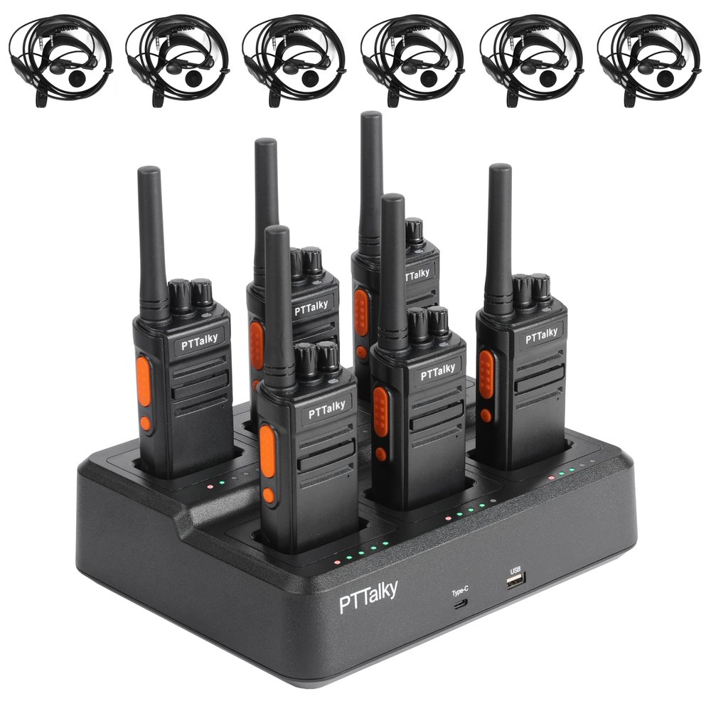 FR1 Walkie Talkies Long Range Rechargeable Two Way Radios with Earpiece 6 Pack with 6 Way Multi Gang Charger for Warehouse Restaurant Farm