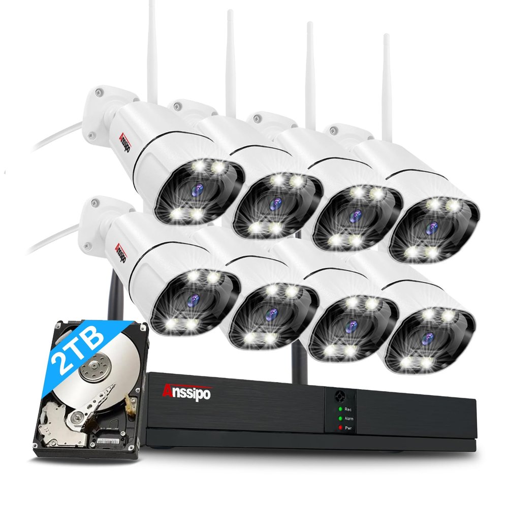 8 Channel Wireless Security Camera System, 8X 3MP WiFi Wired Surveillance Cameras Indoor Outdoor with Two-Way Audio/AI Face/Motion Detection/Color Night Vision, H.265+ 8CH WiFi NVR, 2TB Hard Drive