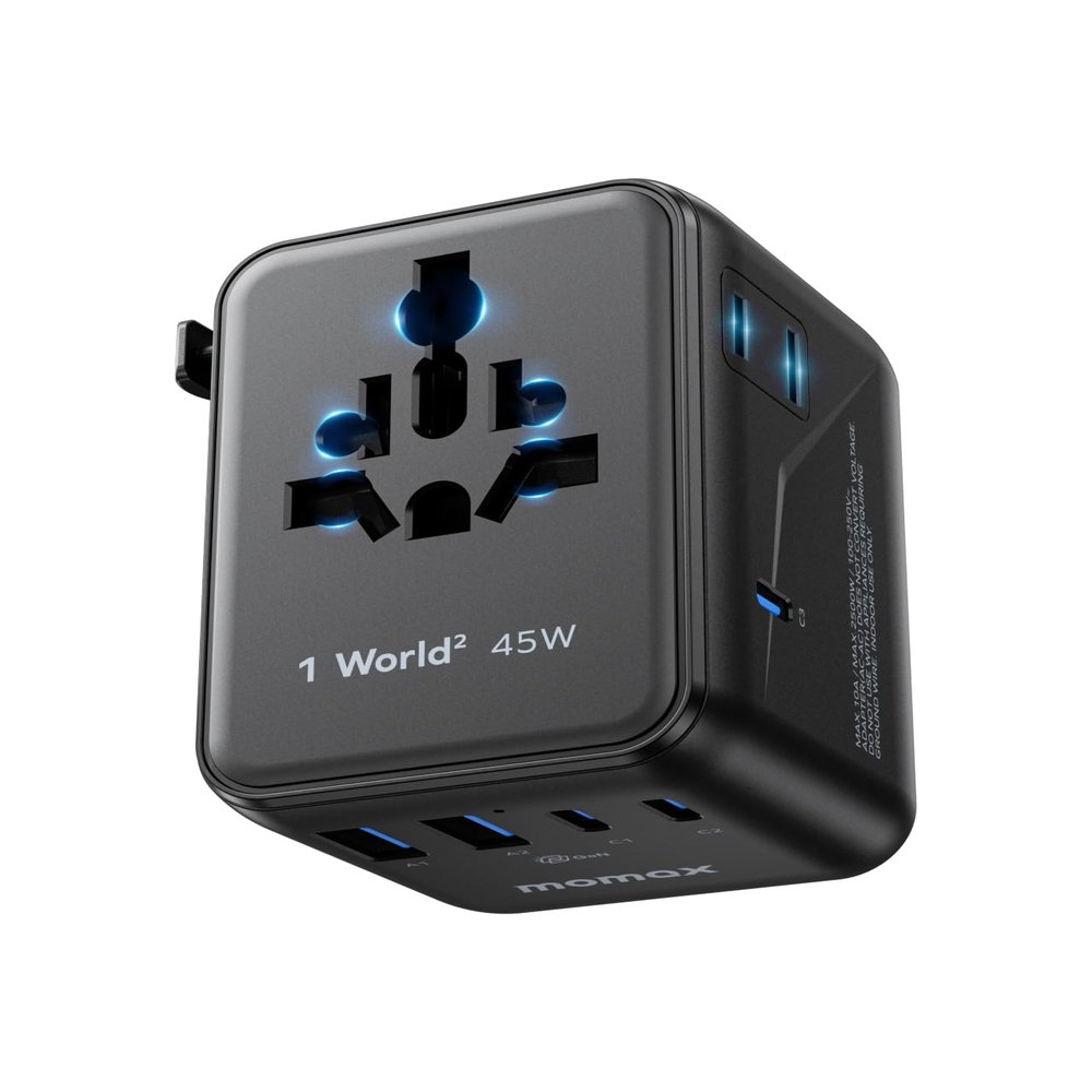 MOMAX 7-in-1 Universal Travel Adapter, GaN 45W iPhone 17 European Travel Plug Adapter, 3 USB-C PD & 2 USB-A QC,2 AC, International Power Adapter for Travel UK EU AUS JP, Travel Essentials