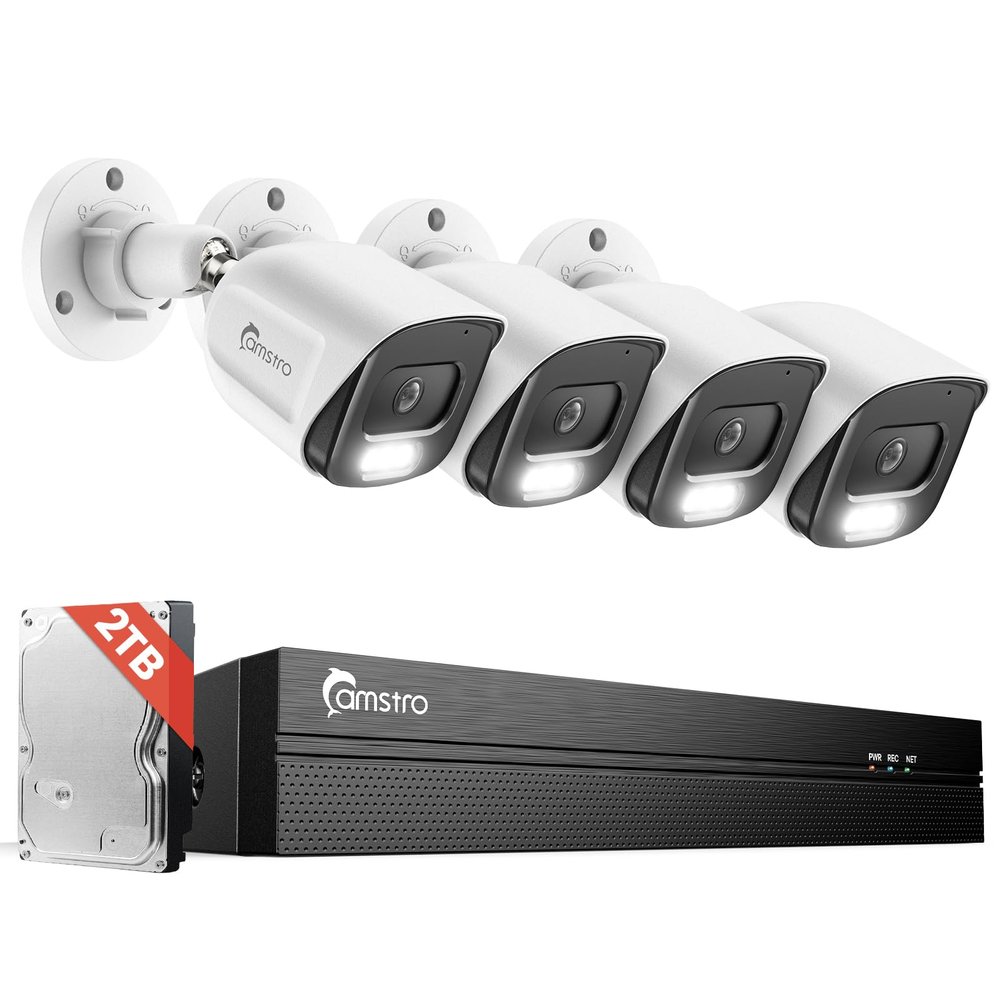 CAMSTRO 4Pcs 5MP PoE Security Camera System with 4K 8CH NVR, 2TB HDD, AI Human/Vehicle/Pet/Parcel Detection, 100ft Night Vision, H.265+, IP67 Metal Cameras, 24/7 Recording & Remote Access- White