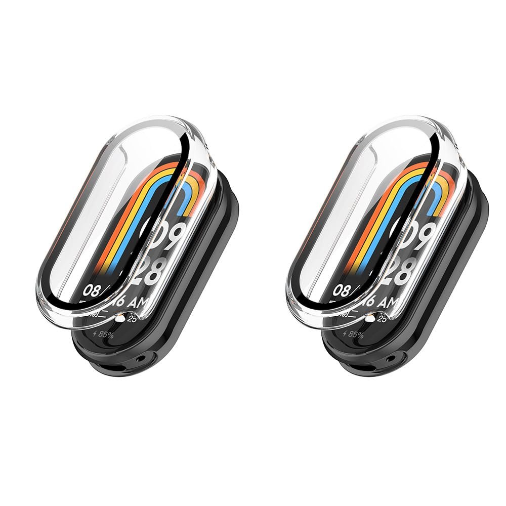 2 Pack Hard Case for Xiaomi Smart Band 10 with Screen Protector, Hard PC Protective Case Shockproof Anti-Scratch Bumper Cover with Tempered Glass (Clear/Clear)