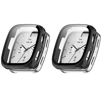 2 Pack Hard Case for Amazfit Active 2 Square with Screen Protector, Hard PC Protective Case Shockproof Anti-Scratch Bumper Cover with Tempered Glass (Black/Black)