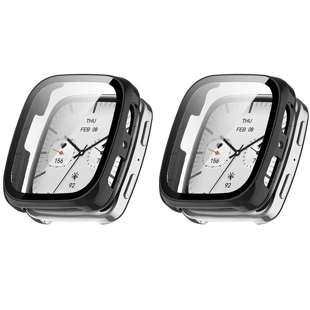 2 Pack Hard Case for Amazfit Active 2 Square with Screen Protector, Hard PC Protective Case Shockproof Anti-Scratch Bumper Cover with Tempered Glass (Black/Black)