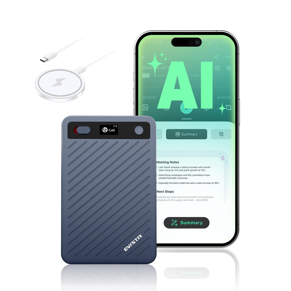 EVISTR AI Voice Recorder with Transcription, AI Note Recorder with App Control, AI Transcribe & Summarize, Support 100+ Languages Audio Recorders for Lecture Meeting Call International Exchange