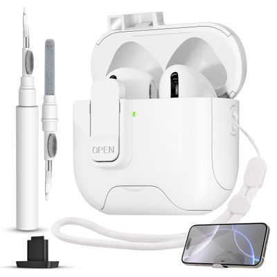 for AirPods 4 Case with Secure Lock,Automatic Magnetic Lock with Phone Holder Function,Shockproof Hard Protective Cover Cleaner Kit for Apple AirPod 4th Generation Case 2024(White-B)
