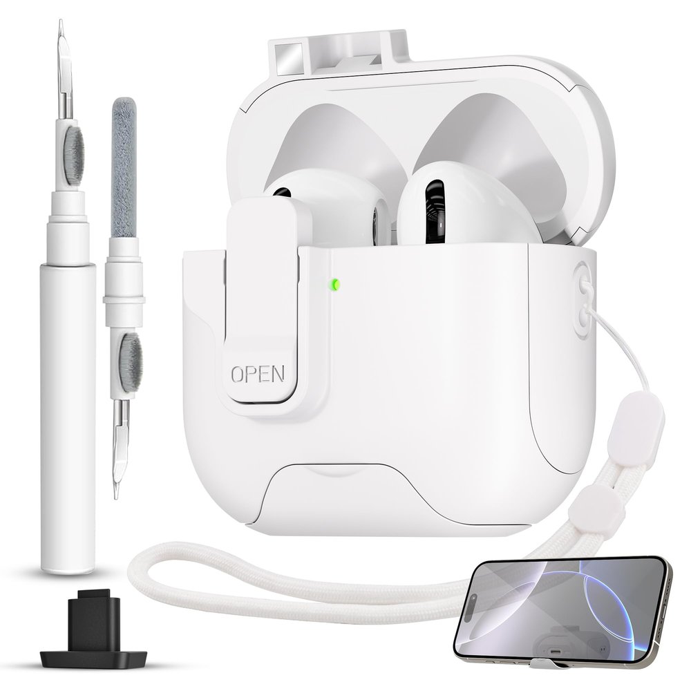 for AirPods 4 Case with Secure Lock,Automatic Magnetic Lock with Phone Holder Function,Shockproof Hard Protective Cover Cleaner Kit for Apple AirPod 4th Generation Case 2024(White-B)