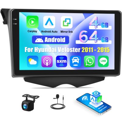 [4G+64G] Android 15 Car Radio for Hyundai Veloster 2011 2012 2013 2014 2015 with Carplay Android Auto 9 Inch Touch Screen Bluetooth FM RDS/WiFi/GPS Navigation/SWC+AHD Backup Camera