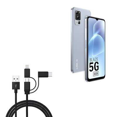 BoxWave Cable Compatible with Lava Blaze Pro 5G - AllCharge 3-in-1 Cable - Jet Black