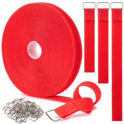 1" x32Ft Hook and Loop Straps with 50 Metal Buckles, Adjustable Fastening Cable Straps, Free Cut Length, Reusable Nylon Cable Ties for Organizer or Storage, Red