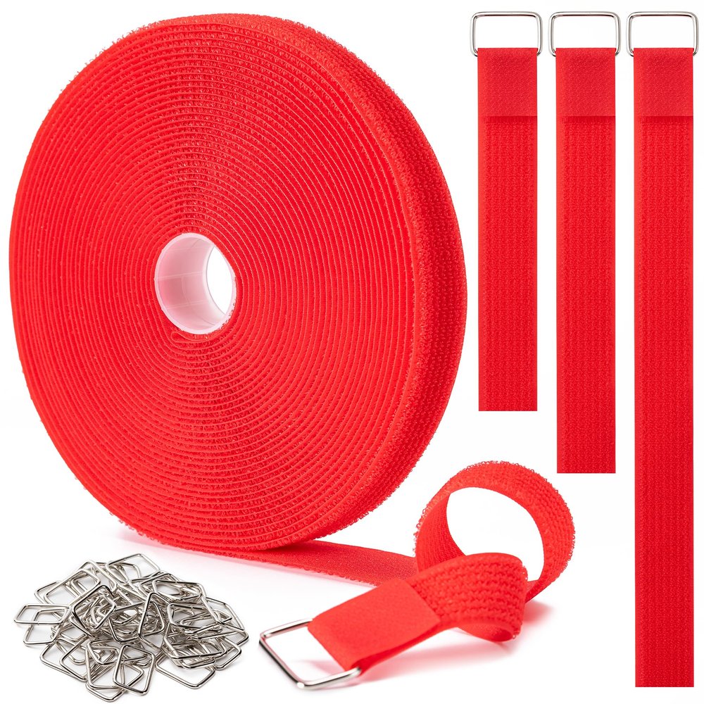1" x32Ft Hook and Loop Straps with 50 Metal Buckles, Adjustable Fastening Cable Straps, Free Cut Length, Reusable Nylon Cable Ties for Organizer or Storage, Red