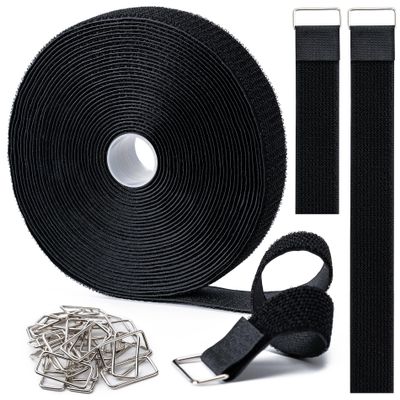 1.5" x32Ft Hook and Loop Straps Cinch Straps Heavy Duty with 32 Metal Buckles, Adjustable Fastening Cable Straps, Free Cut Length, Reusable Nylon Cable Ties for Organizer or Storage, Black