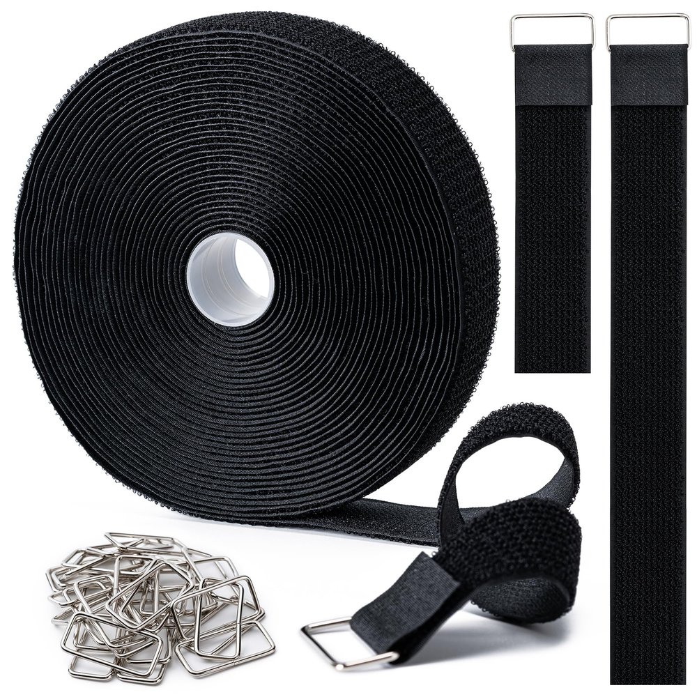 1.5" x32Ft Hook and Loop Straps Cinch Straps Heavy Duty with 32 Metal Buckles, Adjustable Fastening Cable Straps, Free Cut Length, Reusable Nylon Cable Ties for Organizer or Storage, Black