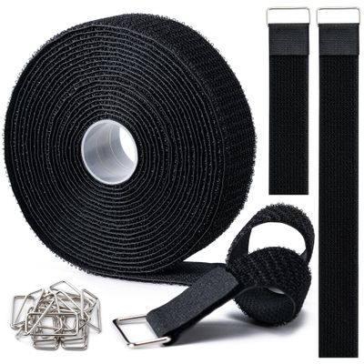 1.5" x16Ft Hook and Loop Straps Cinch Straps Heavy Duty with 16 Metal Buckles, Adjustable Fastening Cable Straps, Free Cut Length, Reusable Nylon Cable Ties for Organizer or Storage