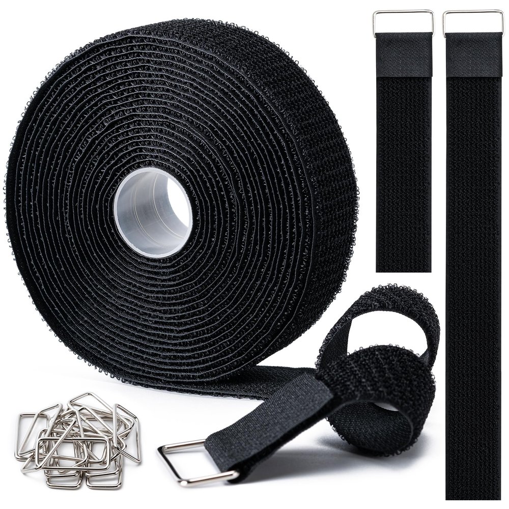 1.5" x16Ft Hook and Loop Straps Cinch Straps Heavy Duty with 16 Metal Buckles, Adjustable Fastening Cable Straps, Free Cut Length, Reusable Nylon Cable Ties for Organizer or Storage
