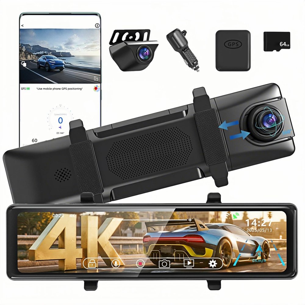 12" Rear View Mirror Camera 4K + 2K Mirror Dash Cam Front and Rear with STARVIS Night Vision Rearview Mirror Backup Camera, WDR, G-Sensor, Loop Recording, GPS, App, 64GB Card