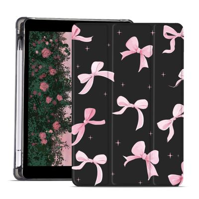 AdorableWhimsy Pink Bow Ribbon Case for iPad (A16) 11th Generation 2025 11"/iPad 10th Generation 2022 10.9" with Pencil Holder Trifold Stand Black Leather Aesthetic Girly Cover Auto Sleep/Wake