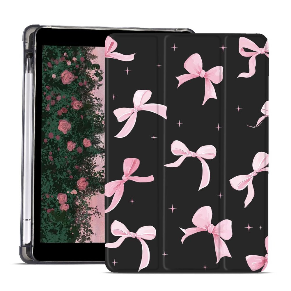 AdorableWhimsy Pink Bow Ribbon Case for iPad (A16) 11th Generation 2025 11"/iPad 10th Generation 2022 10.9" with Pencil Holder Trifold Stand Black Leather Aesthetic Girly Cover Auto Sleep/Wake