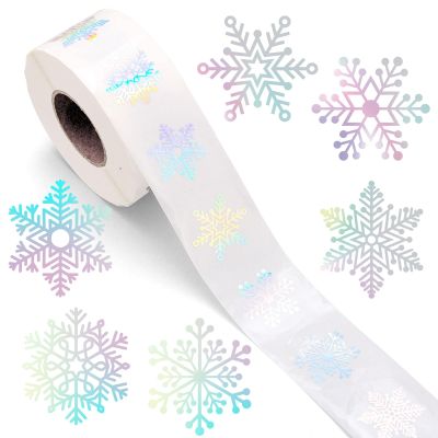 1000Pcs Clear Christmas Holographic Stickers Roll Iridescent Snowflake Seal Stickers Self-Adhesive Xmas Winter Label Decals for Holiday Envelope Invitation Card Gift Decor, 6 Designs
