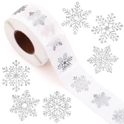 1000Pcs Clear Christmas Stickers Roll Holographic Silver Snowflake Seal Stickers Self-Adhesive Xmas Winter Label Decals for Holiday Envelope Invitation Card Gift Decor, 6 Designs