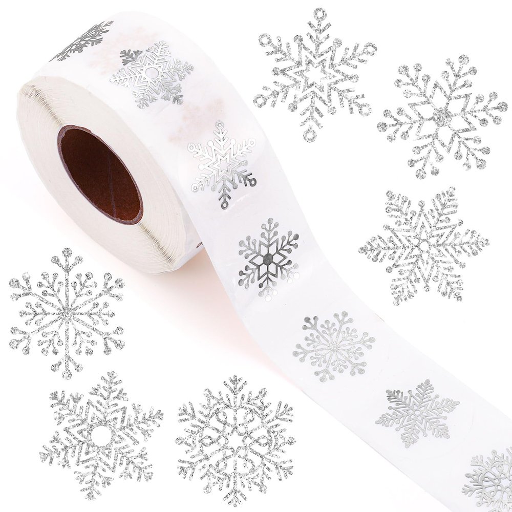 1000Pcs Clear Christmas Stickers Roll Holographic Silver Snowflake Seal Stickers Self-Adhesive Xmas Winter Label Decals for Holiday Envelope Invitation Card Gift Decor, 6 Designs